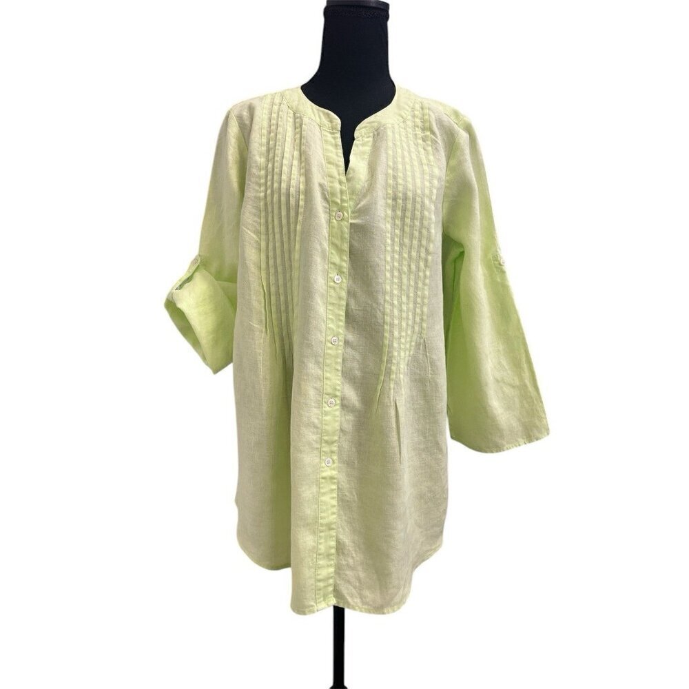 Chaus Sport Neon Green Front Pleating Button Up Linen Blouse Size L